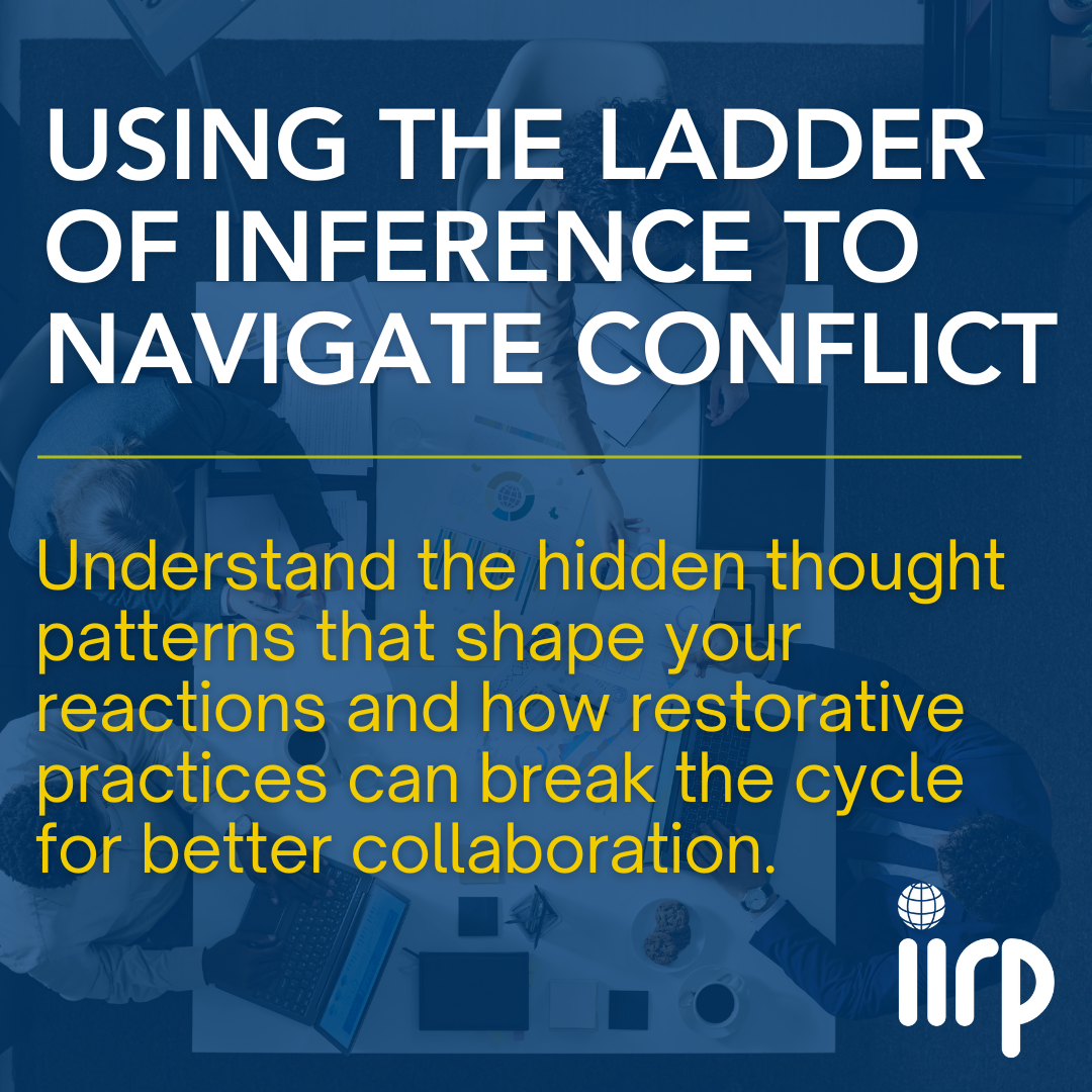 Text photo: Using the Ladder of Inference to Navigate Conflict - Understand the hidden thought patterns that shape your reactions and how restorative practices can break the cycle for better collaboration.