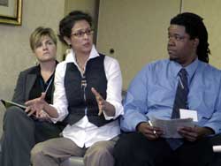 A lively discussion at “Down Country Roads, from Small Towns to Inner Cities: Restorative Justice in Illinois–See How it Works,” presented by Sally Wolf, Karen Lambert, Edith Crigler, Gary Balgemann, Elizabeth Vastine, Robert Spicer, D. Marie Goff, Donald Goff and Patricia Zamora. Photo by Thomas Kosa