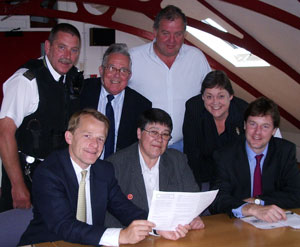 Members of Parliament David Laws and Nick Clegg meet with Chard Police beat manager William Geddes; CICJP implementation group chair John Lacey; Avon and Somerset Police chair Henry Hobhouse; CICJP coordinator Valerie Keitch and Somerset County Councilor Jill Shortland. Photo courtesy of Chard & Ilminster News.