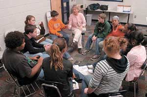 Debbie Little, restorative practices coordinator, South Lyon, Michigan, Community Schools, conducts a circle at Centennial Middle School. Hal Gould, South Lyon Herald