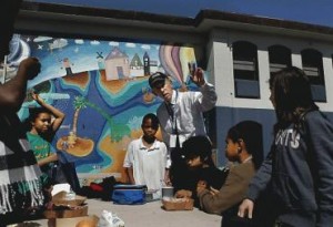 Principal Jacobson of Rosa Parks Elementary with students